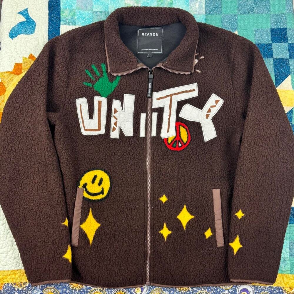 Reason Brand Co. "UNITY" Peace and Love Brown Sherpa Puffy Zip-up Jacket